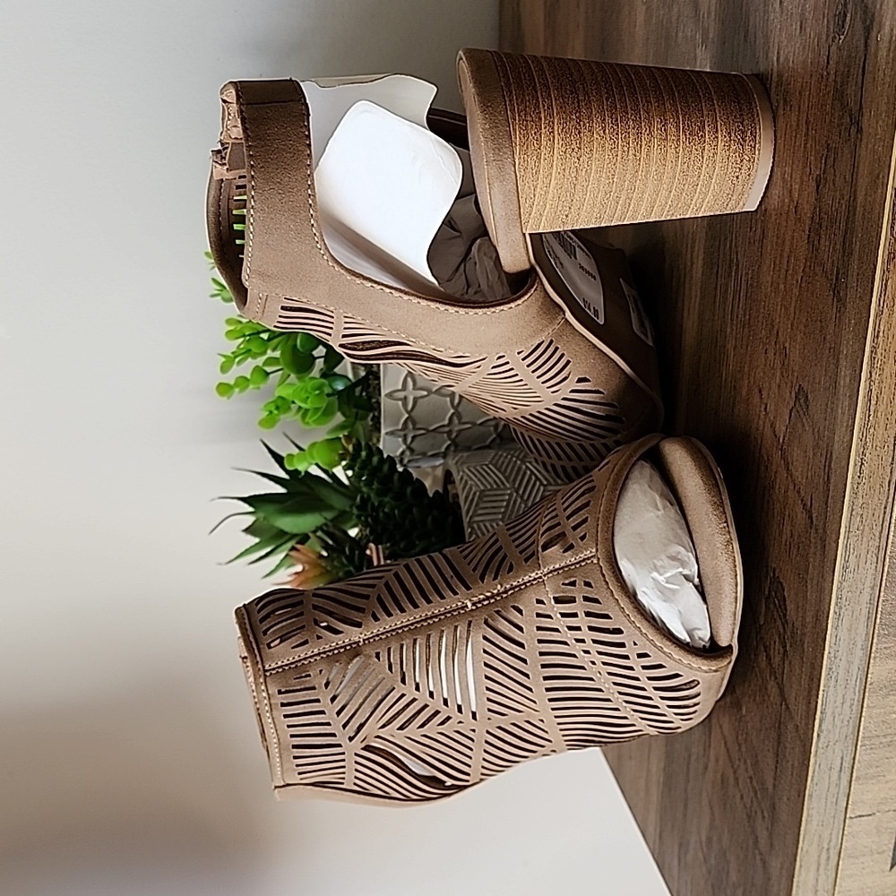 Lane Bryant - 12W, Taupe Laser Cut-Out Open Toe Sling Back with Stacked Heel​​​